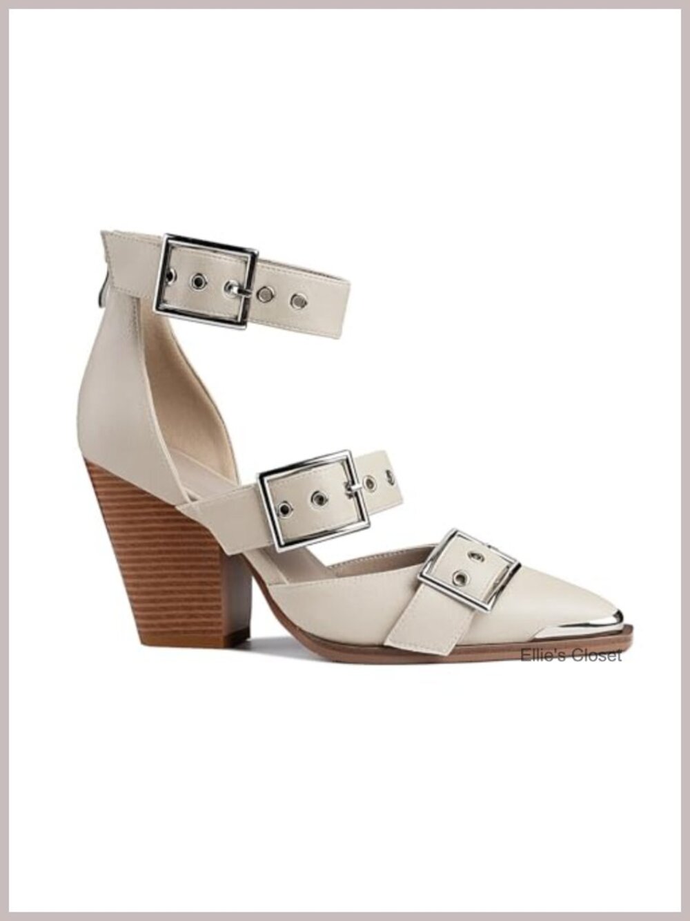 Western Pointed Toe Faux Leather Stacked Block Heel Buckle Ankle Strap Pumps